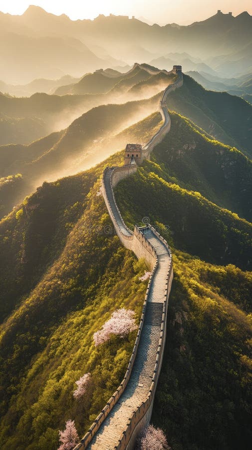 The Great Wall winding through green mountains at sunrise